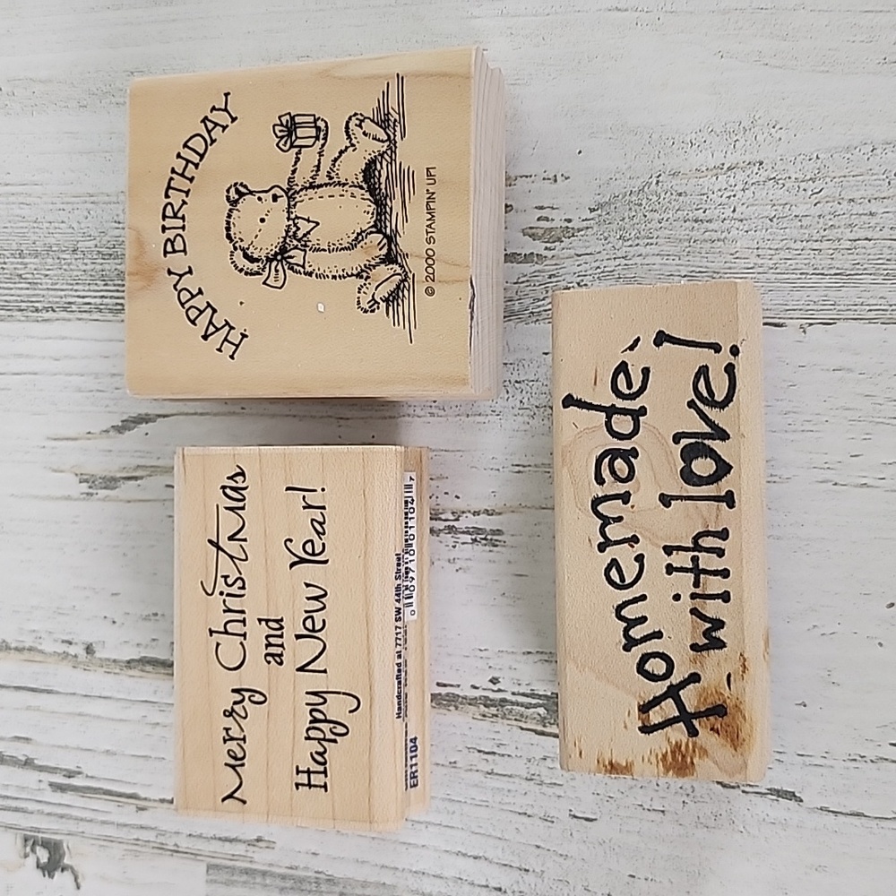 3 Rubber Stamps Merry Christmas Happy New Year Happy Birthday Homemade with Love